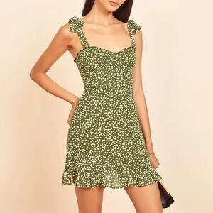 [Reformation] Christine Green White Polka Dot Mini Dress Ruffle Sweetheart Sz 6